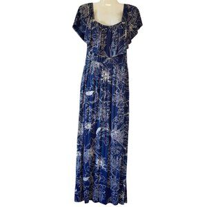 Soma Stretch Knit Maxi Dress Side Pockets Flutter Sleeve Navy and White  Small
